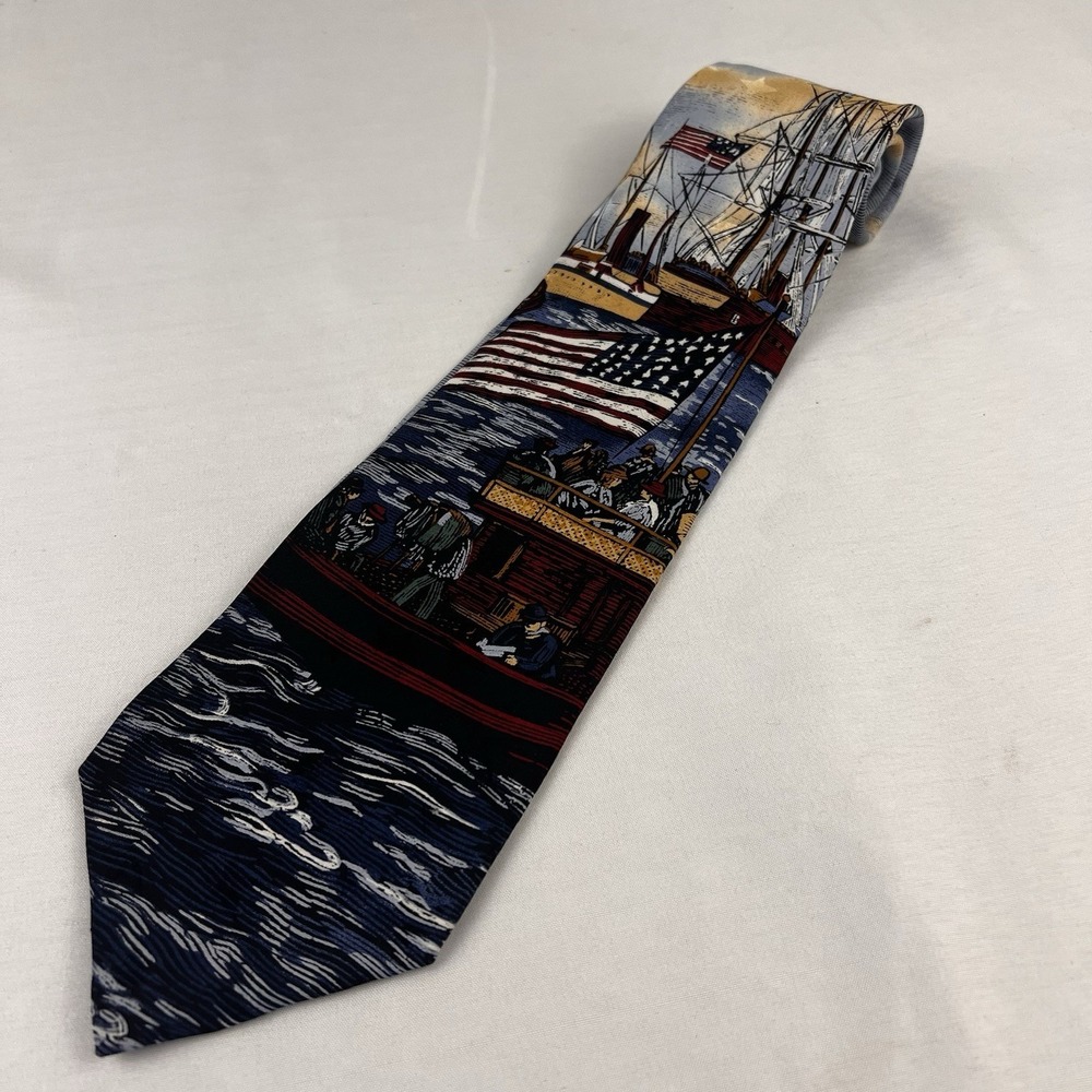 VTG 417 Van Heusen Silk Tie New York Harbor Ships America Flag USA 250